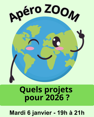 un globe terrestre fait un clin d'oeil pour annoncer un apéro zoom 